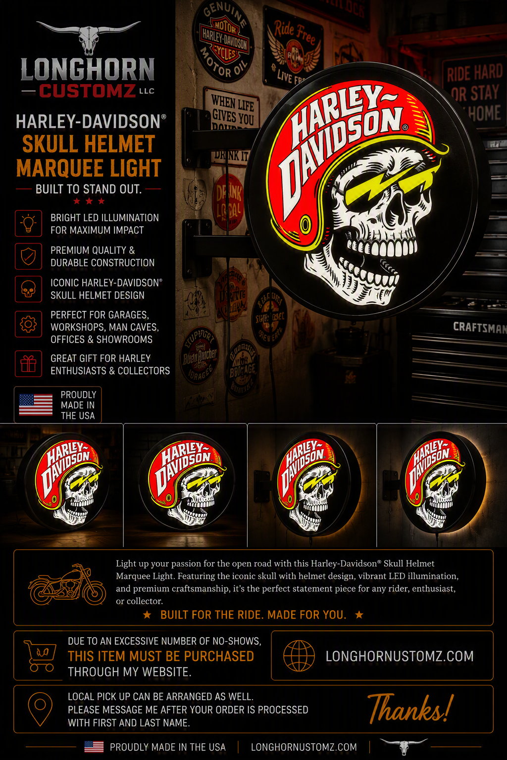 Harley Davidson Skull Light Box Pub Style